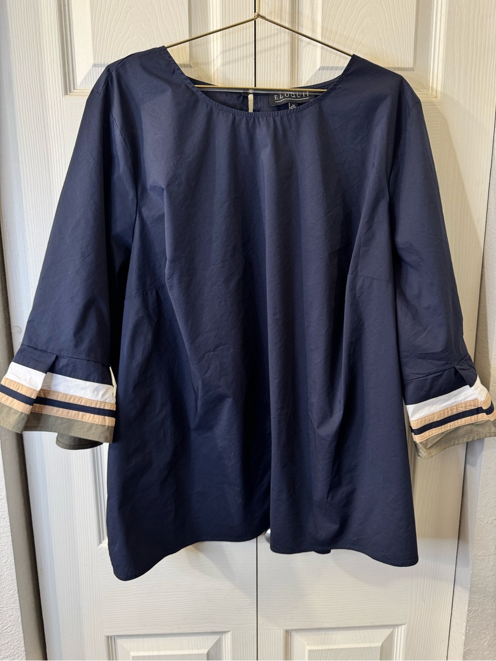 Eloquii Navy Blouse with Striped Cuffs